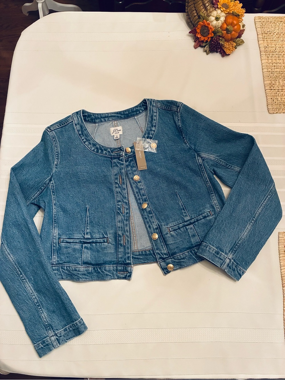 NWT J Crew Louisa Eco Cropped Denim Jacket with gold buttons size 10